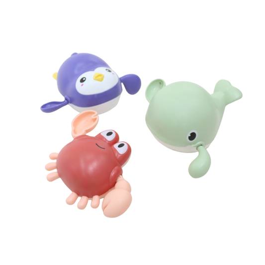 🦀🐳🐧 Baby Bath Toy Set – Wind-Up Swimming Crab, Whale & Penguin