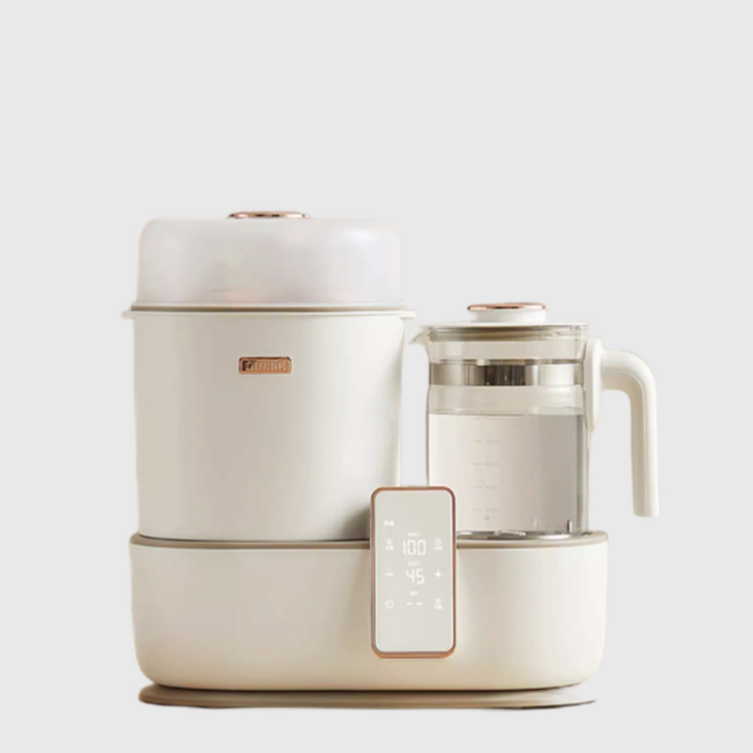 White electric tea maker with digital display on a light gray background